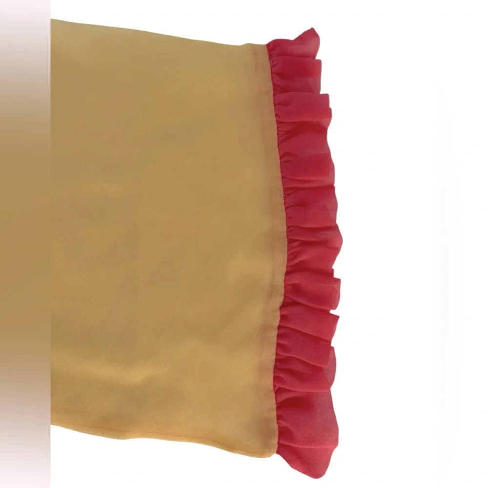Vintage Susan Daniels oblong silk scarf in yellow with papaya ruffle trim. NWT